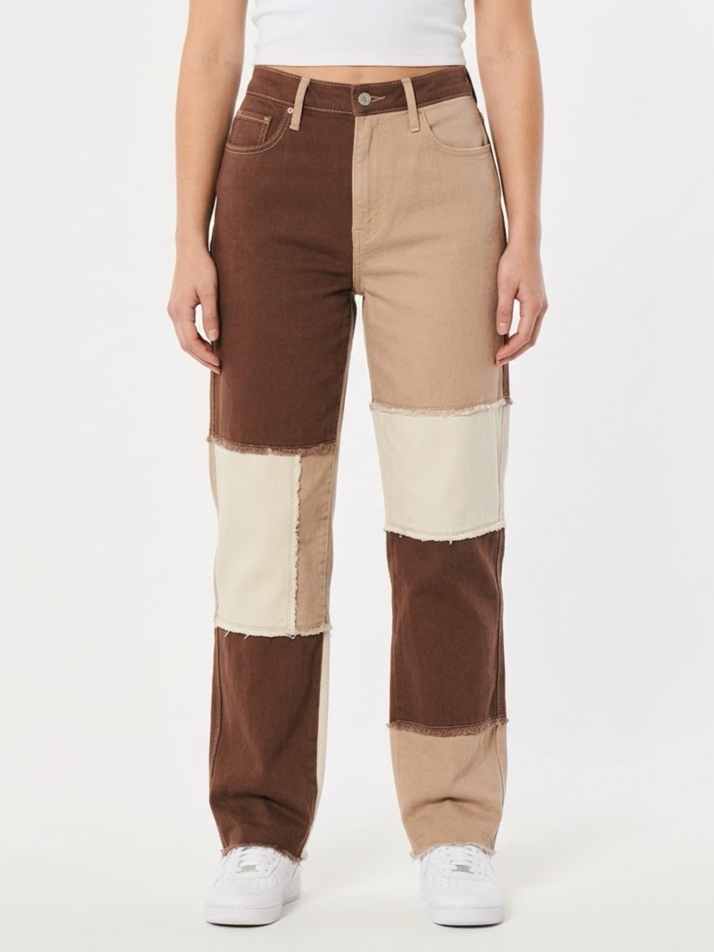 5R W27 Hollister Patchwork Colorblock Dad Jeans Brown Tan Cream High Rise